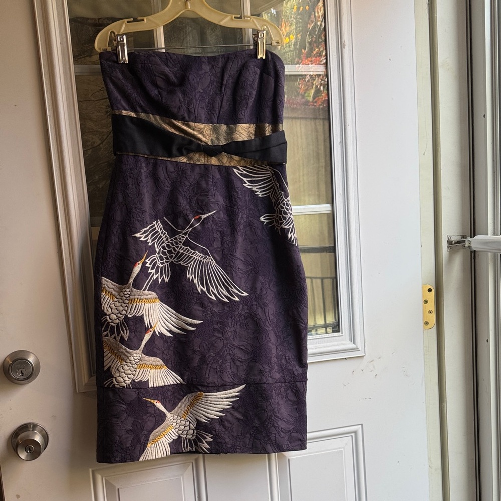 Floreat Strapless Dress in Deep Purple with embroidered Crane Motif